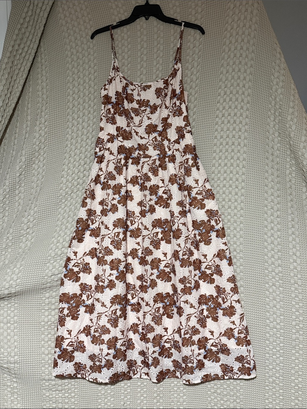 Cream Midi Dress with Brown Floral Print and Adjustable Straps